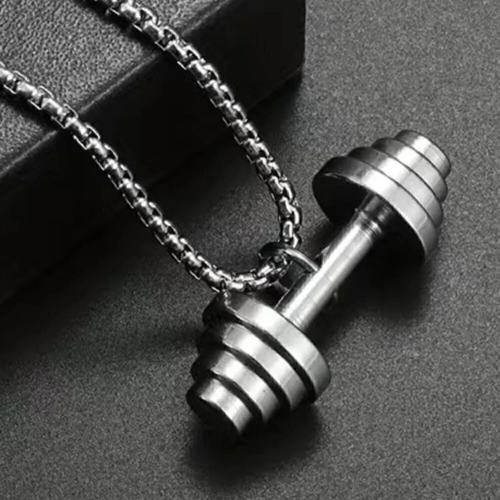 Dumbbell Tapered Weights Pendant and Necklace Stainless Steel (#846)